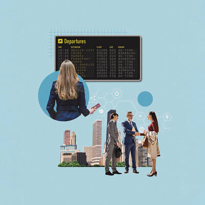 Collage about business travellers, images of people in the airport and city skyline