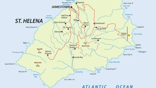 Map of British island St Helena in the Atlantic Ocean