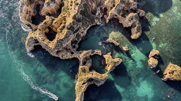 Ponta da Piedade Cliffs aerial view in Algarve, Portugal