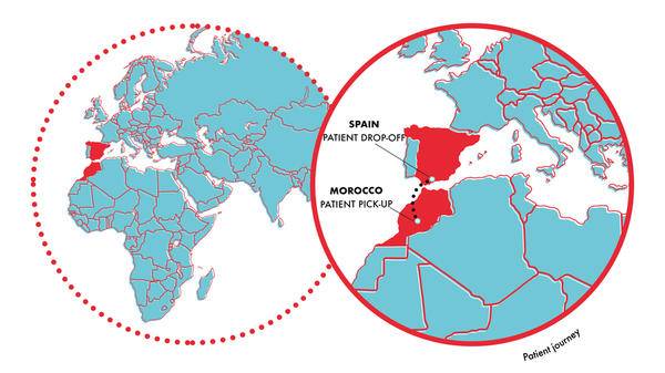 Map of Capital Air Ambulance patient journey route Morocco to Spain