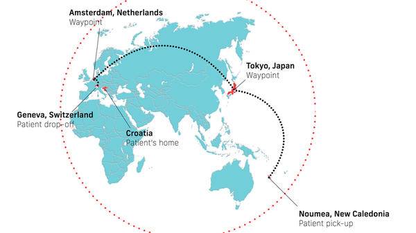 Repatriation route map - Pacific Ocean to Croatia via Japan, Amsterdam and Switzerland