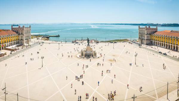 Lisbon aerial panorama over Praco do Comercio waterfront square Portugal