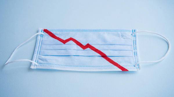 Face mask with a line representing economic downturn caused by coronavirus