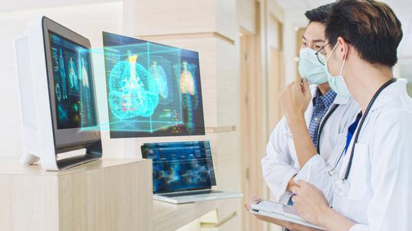 Doctors using artificial intelligence at a hospital