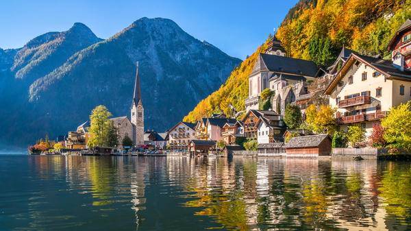 An Austrian lake with mountains and a village on the shore