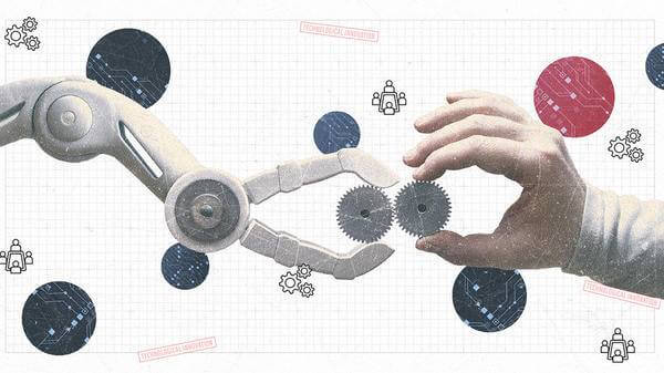 Man and machine holding gears