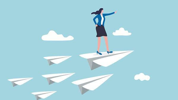 Illustration of office worker flying on paper airplanes 