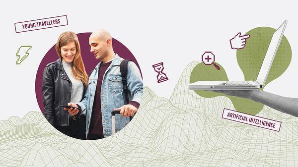 Collage of young travellers and technology