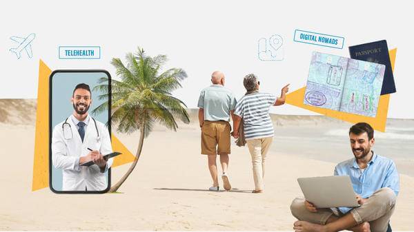 Collage about the modern expat, travel and insurance 