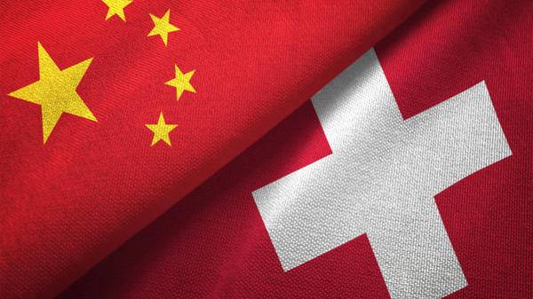 Image of adjacent Chinese and Swiss flags