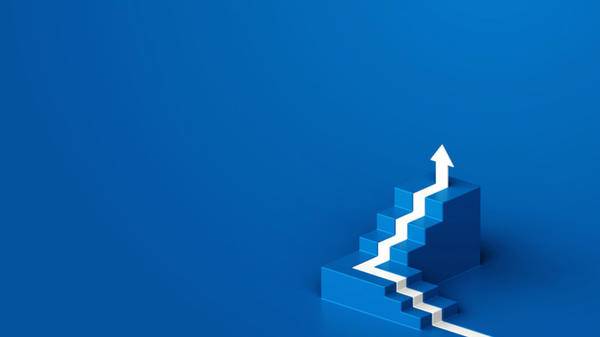 Abstract image of business growth White arrow up with blue stair on blue floor background, 3D arrow climbing up over a staircase - 3d stairs with arrow going upward, 3d rendering 