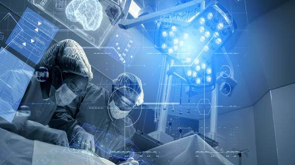 Image of operating room surgeons using advanced robotic surgery
