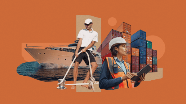 Collage graphic of cargo ship and yacht crew