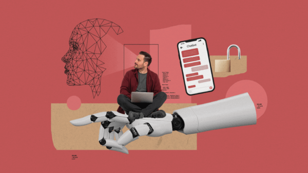 Collage graphic of a person using computers, AI and security online