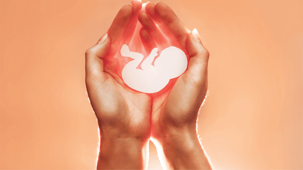 Paper cut out of a baby photographed laying in hands
