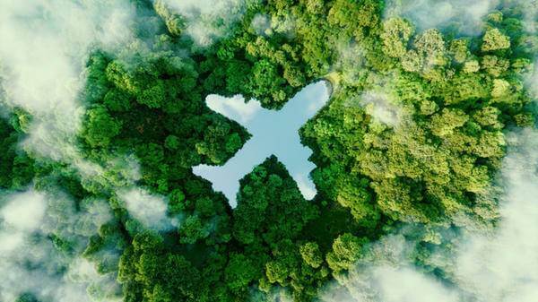 A lake in the shape of an airplane in the middle of untouched nature - a concept illustrating the ecology of air transport, travel and ecotourism. 3d rendering.