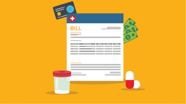 Illustration of bills and medicine