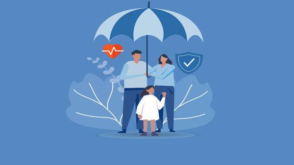 Family under umbrella. Concept of life insurance, protection of health and life of children for travel or vacation