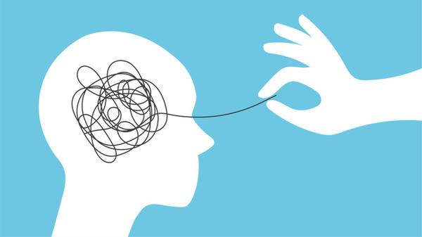 Abstract metaphor of psychotherapy. Head silhouette with mental disorder. Tangled thoughts, chaos and stress. Concept of solving difficult situation.