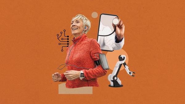 Collage graphic of a woman jogging using a smartwatch to track healthcare