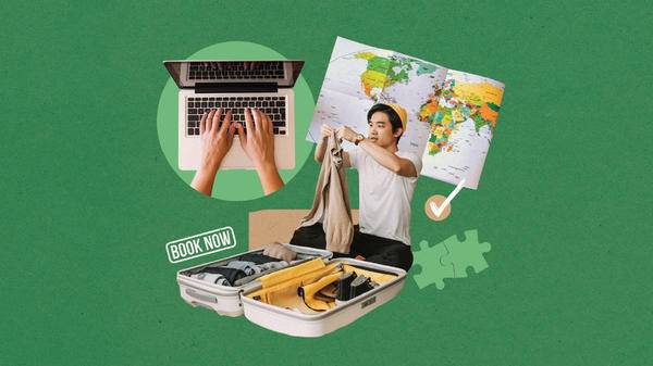 Collage of man packing suitcase and using laptop for booking holiday online