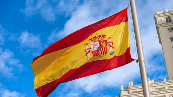 Spanish Flag Blowing in the Wind - Plaza de Espana Madrid Spain