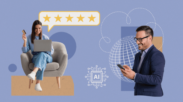 Collage about customer experience, people using data and digital devices