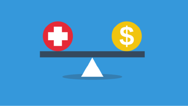 A scale with healthcare on one side and money on the other