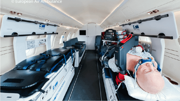 Patient laying in an air ambulance