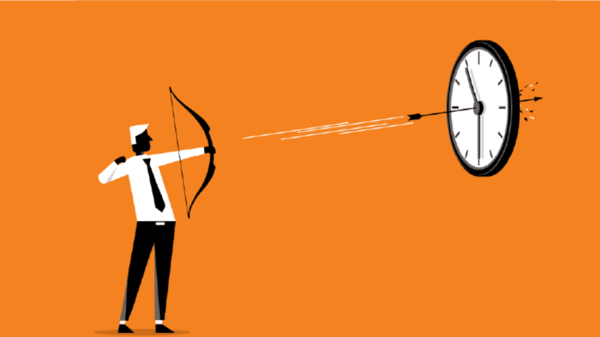 Illustration of a man shooting an arrow at a clock