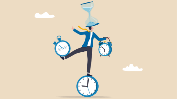 Illustration of man running out of time holding clocks