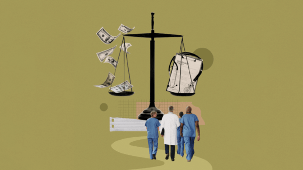 Collage with balance scales, money on one side and medical form on the other