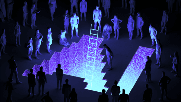 Illustration of people standing around text saying AI