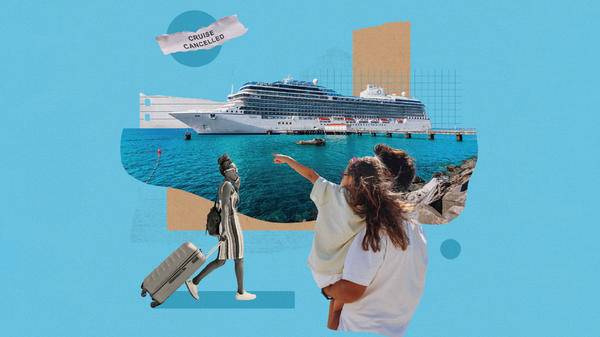 Graphic collage of a cruise liner and insurance policies