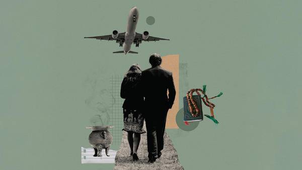 Graphic collage of a funeral scene and repatriation