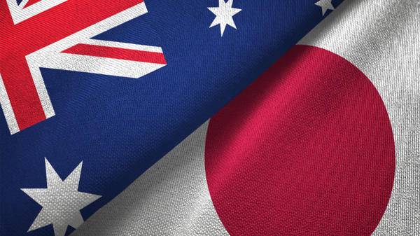 Japan and Australia two flags together realations textile cloth fabric texture 
