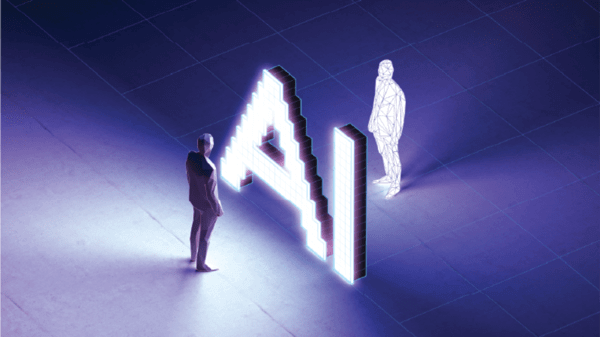 Illustration of a man standing in front of a glowing 'AI'