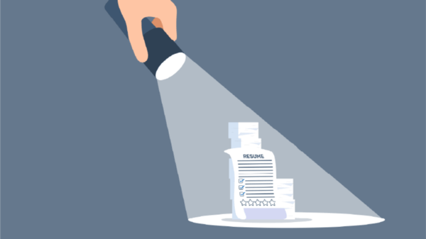 Illustration of resumes under a torch spotlight