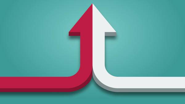 Bent arrow of two red and white ones merging on turquoise blue background