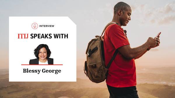Graphic of a man using his phone with a wide landscape in the background