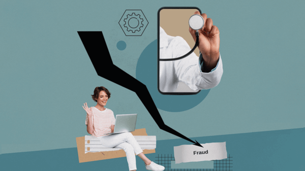Collage of fraud in telemedicine, person waving on laptop