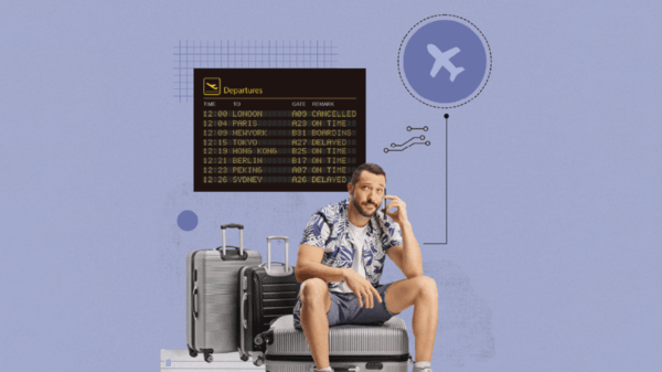 Collage of person at an airport with delayed flight