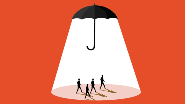 Illustration of people walking under an umbrella