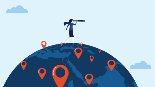 Illustration of woman ontop of the world holding binoculars