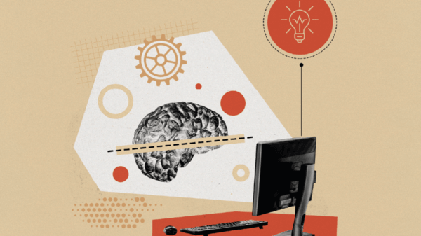 Tech collage with AI brain