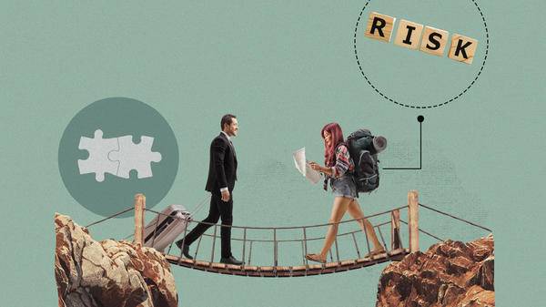 Collage of business and leisure traveller crossing a bridge 