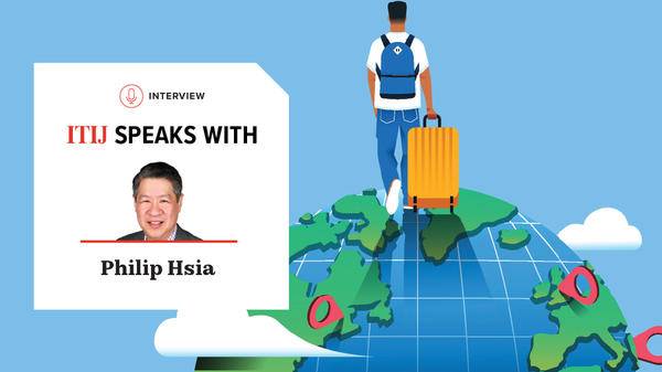 Illustration man walking on a globe with a suitcase 