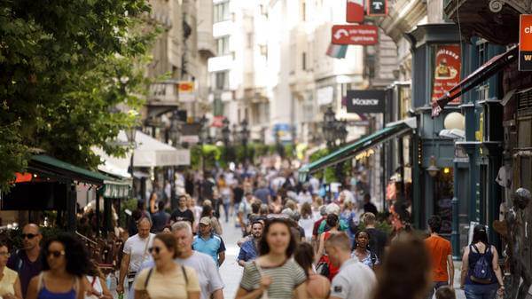 Crowded Vaci utca street in Budapest, Hungary