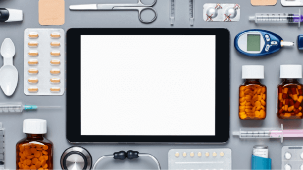 Ipad surrounded by medical items