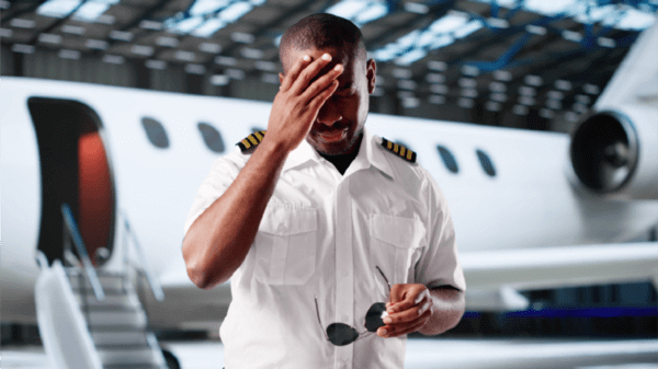 Stressed pilot with his head in his hands